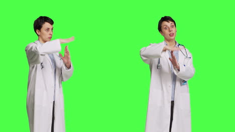 Woman-physician-doing-timeout-gesture-against-greenscreen-backdrop